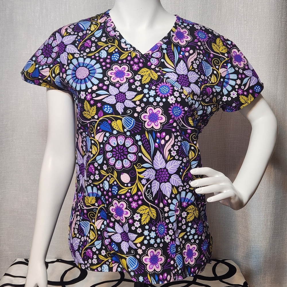 Serene Uniforms Scrubs Top Floral Pattern XS Purple Black Blue Lightweight